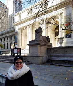 woman outside New York Public Library