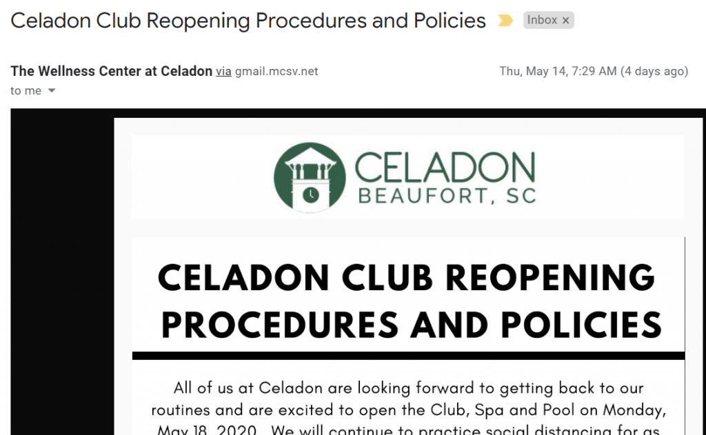 Celadon Club reopening procedures and policies screenshot