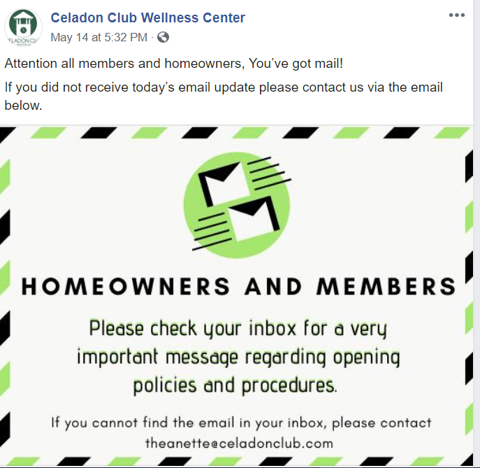 Celadon Club reopening newsletter screenshot