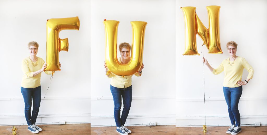 3 frame photo Melissa St. Clair with jumbo balloons